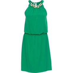 Sukienka z aplikacją bonprix zielony. Zielone sukienki damskie bonprix, z aplikacjami, eleganckie, bez kołnierzyka, bez rękawów. Za 129,99 zł.