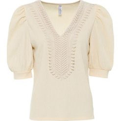Shirt z dekoltem w serek i rękawami bufkami bonprix beżowo-szary. Szare koszulki damskie bonprix, bez wzorów, z dekoltem w serek, bez rękawów. Za 79,99 zł.