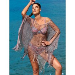 Ażurowa tunika plażowa Opera Crazy Red 63805. Czerwone tuniki plażowe damskie OPERA, na plażę, bez wzorów, bez kołnierzyka, bez rękawów. Za 389,00 zł.