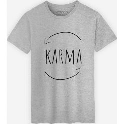 Koszulka "Karma" w kolorze szarym. Szare koszulki damskie Wooop, s, z nadrukiem, z bawełny, z okrągłym kołnierzem. W wyprzedaży za 59,95 zł.