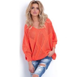 Koralowy Ażurowy Sweter z Dekoltem V z Przodu i na Plecach. Pomarańczowe swetry damskie Molly.pl, na wiosnę, xl, bez wzorów, z jeansu, retro, bez rękawów, bez kaptura. Za 118,90 zł.