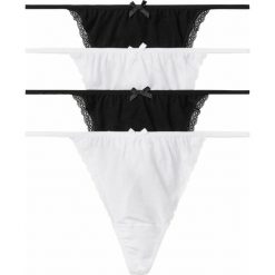 Stringi (4 pary) bonprix czarno-biały. Białe stringi damskie bonprix, w koronkowe wzory, z elastanu. Za 19,96 zł.