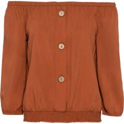 Bluzka z dekoltem "carmen" bonprix pomarańczowo-brązowy. Pomarańczowe bluzki damskie bonprix, bez wzorów, z wiskozy, bez kołnierzyka. Za 59,99 zł.