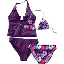 Stroje dwuczęściowe dziewczęce: Bikini+tankini (4 części) bonprix ciemny lila z nadrukiem