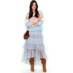 Sweter oversize w kolorowe paski. Swetry damskie e-margeritka.pl, s, w paski, z poliesteru, z krótkim rękawem, krótkie, bez kaptura. Za 119,99 zł.