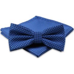 Niebiesko-Granatowa Mucha Męska -ALTIES- z Taką Samą Poszetką, w Pepitkę MUALTS0441. Niebieskie muszki męskie Alties, na imprezę, w paski, eleganckie. Za 40,00 zł.