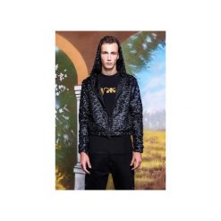 Krótka bluza z kapturem z tkaniny imitującej sprasowane pióra. Czarne bluzy męskie rozpinane MALE-ME, s, z gumy, z krótkim rękawem, krótkie, z kapturem. Za 449,00 zł.