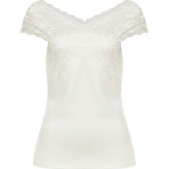 Shirt bonprix biel wełny. Białe koszulki damskie bonprix, w koronkowe wzory, z wełny, eleganckie, bez kołnierzyka, bez rękawów. Za 49,99 zł.