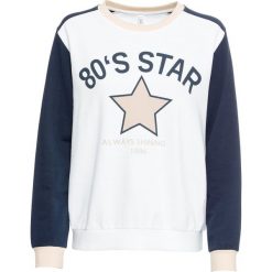 Bluza z nadrukiem bonprix ciemnoniebiesko-biały. Niebieskie bluzy damskie bonprix, z nadrukiem, bez rękawów, bez kaptura. Za 37,99 zł.
