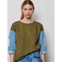Bluzka z jeansowymi rękawami - Khaki. Brązowe bluzki damskie Reserved, s, bez wzorów, z jeansu, bez kołnierzyka, bez rękawów. Za 69,99 zł.
