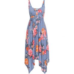 Sukienka midi z asymetrycznym dołem bonprix matowy niebieski w kwiaty. Niebieskie sukienki damskie bonprix, w kwiaty, z materiału, z asymetrycznym kołnierzem, bez rękawów, midi, asymetryczne. Za 89,99 zł.