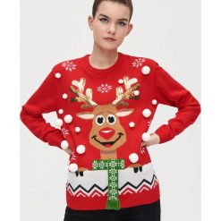 Świąteczny sweter z reniferem - Czerwony. Czerwone swetry damskie Cropp, s, bez wzorów, wizytowe, bez rękawów, bez kaptura. Za 89,99 zł.