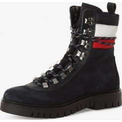 Tommy Jeans - Skórzane kozaki damskie, niebieski. Niebieskie kozaki damskie Tommy Jeans, z jeansu, klasyczne, bez obcasa, na sznurówki. Za 799,95 zł.