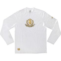 T-shirty męskie: Adidas Leisure z długim rękawem T-shirt – mężczyzn – biały / gold_xs