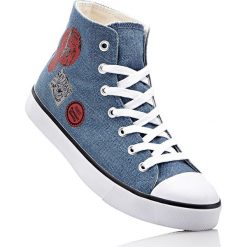 Dżinsy ze stretchem i szerokim paskiem z dżerseju BOOTCUT bonprix niebieski "stone”. Niebieskie trampki i tenisówki damskie bonprix, z jeansu. Za 79,99 zł.