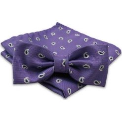 Fioletowa Mucha Męska w Łezki -ALTIES- z Taką Samą Poszetką, Paisley MUALTS0419. Fioletowe muszki męskie Alties, na imprezę, w paski, eleganckie. Za 40,00 zł.