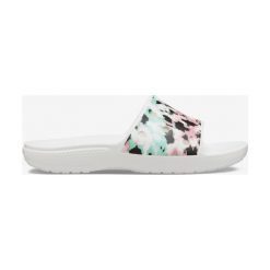Crocs Classic Tie-Dye Mania Slide Crocs Biały. Białe klapki damskie Crocs, w paski, z tkaniny, bez obcasa. Za 102,95 zł.