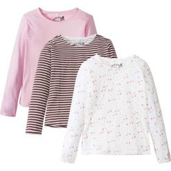 Shirt z długim rękawem (3 szt.) bonprix pudrowy jasnoróżowy + biel wełny z nadrukiem + w paski. Różowe bluzki dziewczęce marki bonprix, w paski, z wełny, z okrągłym kołnierzem, z długim rękawem, długie, bez kaptura. Za 68,97 zł.