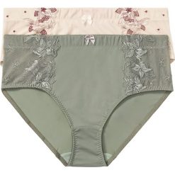 Figi wyszczuplające (2 pary) bonprix pudrowo-jeżynowy + szałwiowy. Różowe majtki damskie wyszczuplające bonprix, z haftami. Za 49,98 zł.