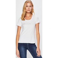 Pepe Jeans - Top Angelica. Niebieskie topy damskie marki Pepe Jeans, s, z nadrukiem, z elastanu, z okrągłym kołnierzem. Za 119,90 zł.
