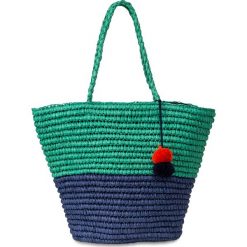 Torba plażowa shopper, dwukolorowa, z pomponami bonprix ciemnoniebiesko-zielony miętowy. Niebieskie torby damskie na zakupy bonprix, bez wzorów, z pomponami. Za 59,99 zł.