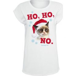 Grumpy Cat Ho, Ho, No. Koszulka damska biały. Białe bluzki z odkrytymi ramionami marki Grumpy Cat, l, z nadrukiem, z okrągłym kołnierzem. Za 99,90 zł.