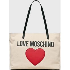 Love Moschino - Torebka. Białe nerki damskie Love Moschino, w paski, z materiału, z aplikacjami. W wyprzedaży za 299,90 zł.