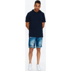 BLUZA MĘSKA Z KRÓTKIM RĘKAWEM. Niebieskie t-shirty męskie Top Secret, na lato, xl, bez wzorów, z dzianiny, z kapturem, krótkie. W wyprzedaży za 39,99 zł.