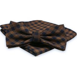 Granatowo-Brązowa Mucha Męska -ALTIES- z Taką Samą Poszetką, w Kratkę MUALTS0487. Niebieskie muszki męskie Alties, na imprezę, w paski, eleganckie. Za 39,00 zł.