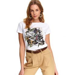 T-shirt krótki rękaw damski z nadrukiem. Białe t-shirty damskie Top Secret, z nadrukiem, z bawełny, bez kołnierzyka. W wyprzedaży za 19,99 zł.