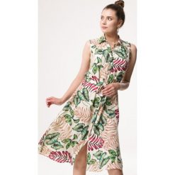 Jasnobeżowa Sukienka Discomfiture. Sukienki damskie Born2be, s, bez wzorów, eleganckie, z klasycznym kołnierzykiem, bez rękawów, midi, koszulowe. Za 69,99 zł.
