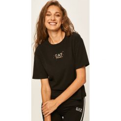 EA7 Emporio Armani - T-shirt. Czarne bluzki damskie EA7 Emporio Armani, s, z nadrukiem, z elastanu, z okrągłym kołnierzem. Za 349,90 zł.