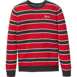 Sweter w paski bonprix antracytowy melanż - czerwono-biały w paski. Szare swetry męskie bonprix, s, w paski, z okrągłym kołnierzem. Za 29,99 zł.