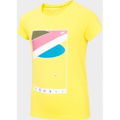 T-shirt dziewczęcy (122-164) JTSD202 - żółty. Żółte bluzki dziewczęce 4F JUNIOR, bez wzorów, z bawełny, bez kołnierzyka, bez rękawów, bez kaptura. Za 34,99 zł.