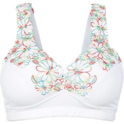 Biustonosz "minimizer" bez fiszbinów bonprix biało-kolorowy. Białe biustonosze bardotka bonprix, w kolorowe wzory. Za 59,99 zł.