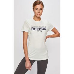 Reebok - T-shirt. Zielone topy damskie Reebok, s, z nadrukiem, z bawełny, z okrągłym kołnierzem. W wyprzedaży za 59,90 zł.