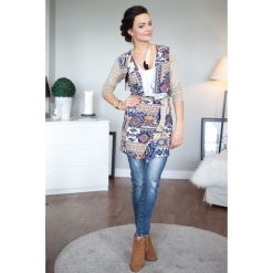Wzorzysta narzutka w stylu BOHO z zamszową wstawką chabrowa. Niebieskie kardigany damskie marki Fasardi, l, z zamszu. Za 59,00 zł.