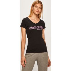 Roberto Cavalli Sport - T-shirt. Czarne topy damskie Roberto Cavalli Sport, s, z nadrukiem, z elastanu, bez kołnierzyka. W wyprzedaży za 219,90 zł.
