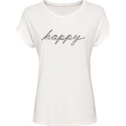Shirt oversize z aplikacją bonprix biel wełny. Białe koszulki damskie bonprix, z aplikacjami, z wełny, bez kołnierzyka, bez rękawów. Za 59,99 zł.