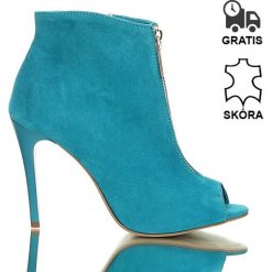 Botki na obcasie (38). Niebieskie botki damskie J. Wolski, na lato, ze skóry, eleganckie, na wysokim obcasie, na obcasie, bez zapięcia. Za 239,00 zł.