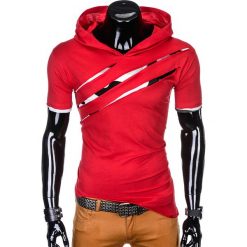 T-shirt męski z kapturem i nadrukiem S1019 - czerwony. Czerwone t-shirty męskie Ombre Clothing, s, z nadrukiem, z bawełny, z kapturem. Za 39,00 zł.