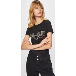 Trussardi Jeans - T-shirt. Czarne topy damskie Trussardi Jeans, s, z aplikacjami, z bawełny, z okrągłym kołnierzem. W wyprzedaży za 199,90 zł.