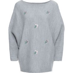 Swetry oversize damskie: Sweter z kwiatowym haftem bonprix szary melanż