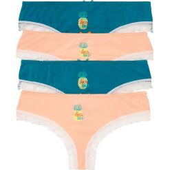 Figi brazylijskie (4 pary) bonprix turkusowo-brzoskwiniowy z kolorowym nadrukiem. Niebieskie majtki damskie bonprix, z nadrukiem, z koronki. Za 39,96 zł.