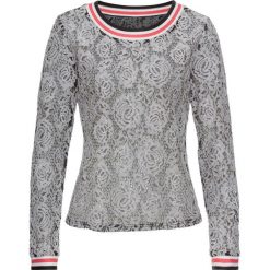 Shirt bonprix biało-czarny. Białe koszulki damskie bonprix, bez wzorów, z koronki, z okrągłym kołnierzem, z długim rękawem. Za 44,99 zł.