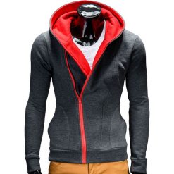 BLUZA MĘSKA ROZPINANA Z KAPTUREM PRIMO - GRAFITOWO/CZERWONA. Czerwone bluzy męskie rozpinane marki Ombre Clothing, m, z bawełny, z kapturem. Za 75,00 zł.