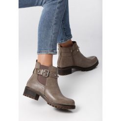 Khaki Botki Nia. Brązowe botki damskie Born2be, na jesień, glamour, z okrągłym noskiem, na niskim obcasie, na płaskiej podeszwie, na zamek. Za 99,99 zł.