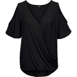 Shirt z wycięciami bonprix czarny. Czarne koszulki damskie bonprix, bez wzorów, z dekoltem w serek, bez rękawów. Za 49,99 zł.