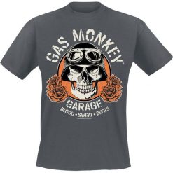 Gas Monkey Garage Skull T-Shirt odcienie ciemnoszarego. Szare koszulki męskie Gas Monkey Garage, l, z nadrukiem, z okrągłym kołnierzem. Za 74,90 zł.