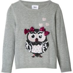 Sweter dzianinowy z cekinami bonprix jasnoszary melanż. Szare swetry dziewczęce bonprix, z aplikacjami, z dzianiny, bez kołnierzyka, bez rękawów, bez kaptura. Za 54,99 zł.
